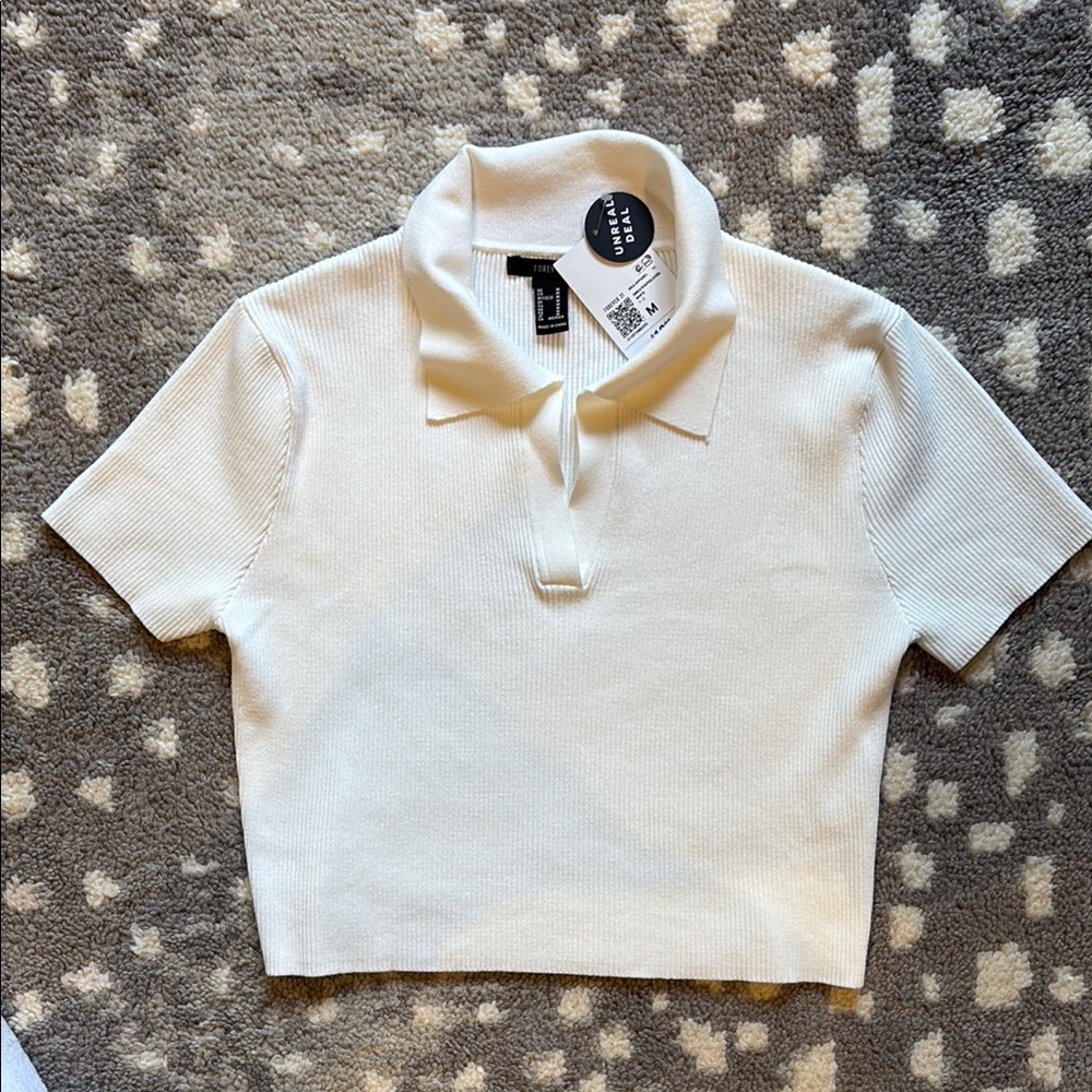 Forever 21 White Ribbed Cropped Polo NWT